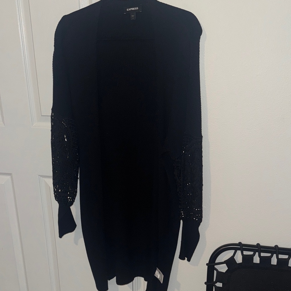 Express Black Open-Front Crochet-Sleeve Long Cardigan